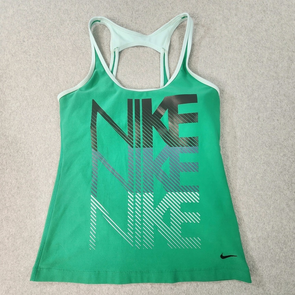 Nike Running Top Women's Size M Green‎ Built In Bra Spell Out Logo 339388-336